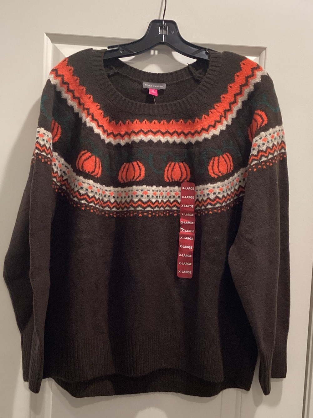 Vince Camuto Brown Crewneck Sweater with Orange Pumpkin Fair Isle